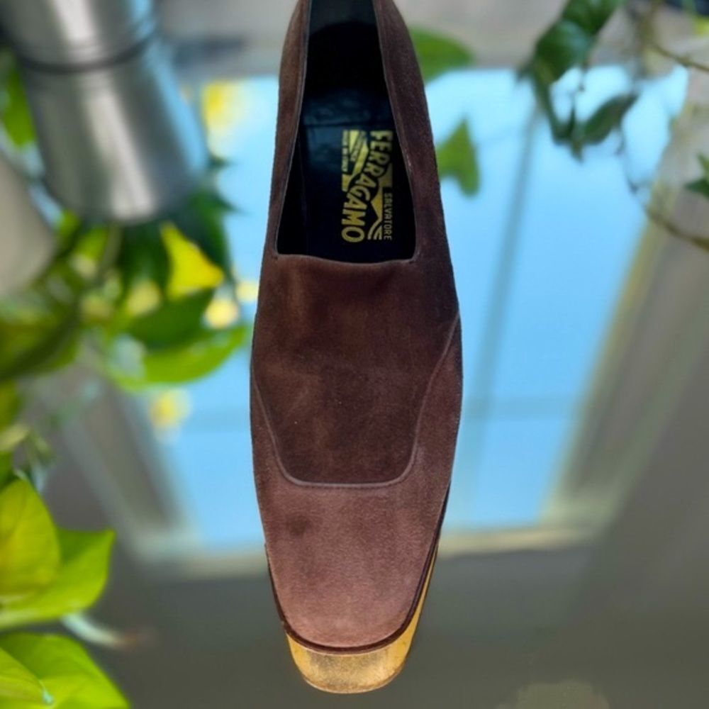 Salvatore Ferragamo Brown Suede Blcok Heeled Shoes Loafers Size 9​​​ - Picture 12 of 15